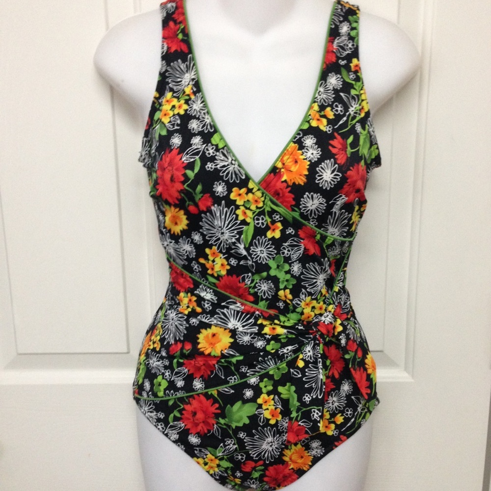It Figures! Black Floral One Piece Swimsuit Size 8